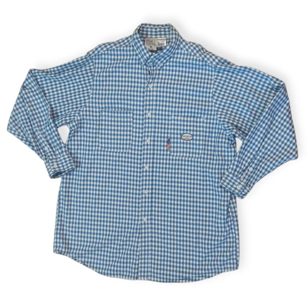 Rasco FR Mens Flame Resistant Long Sleeve Shirt Blue Checkered Button-Up Size XL